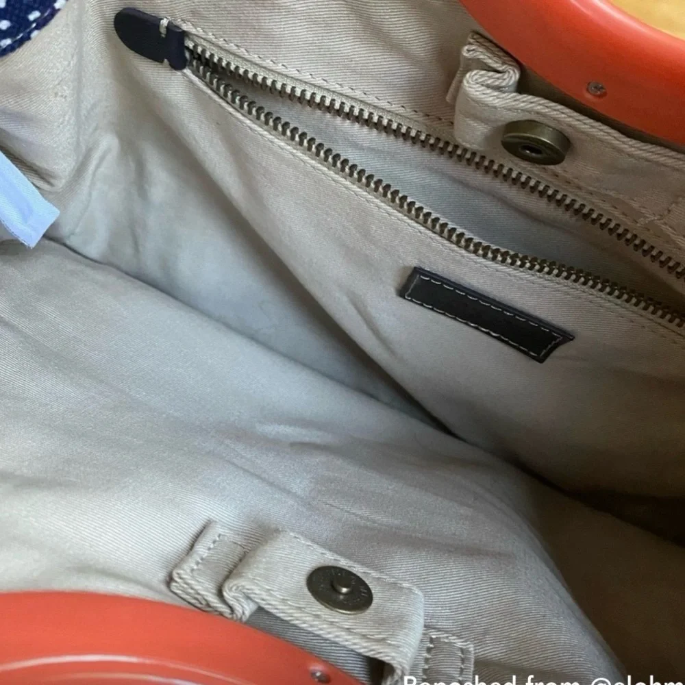 J.Crew Purse bag, cotton canvas navy-Royal & white pin dot Coral acrylic handles - Picture 3 of 14